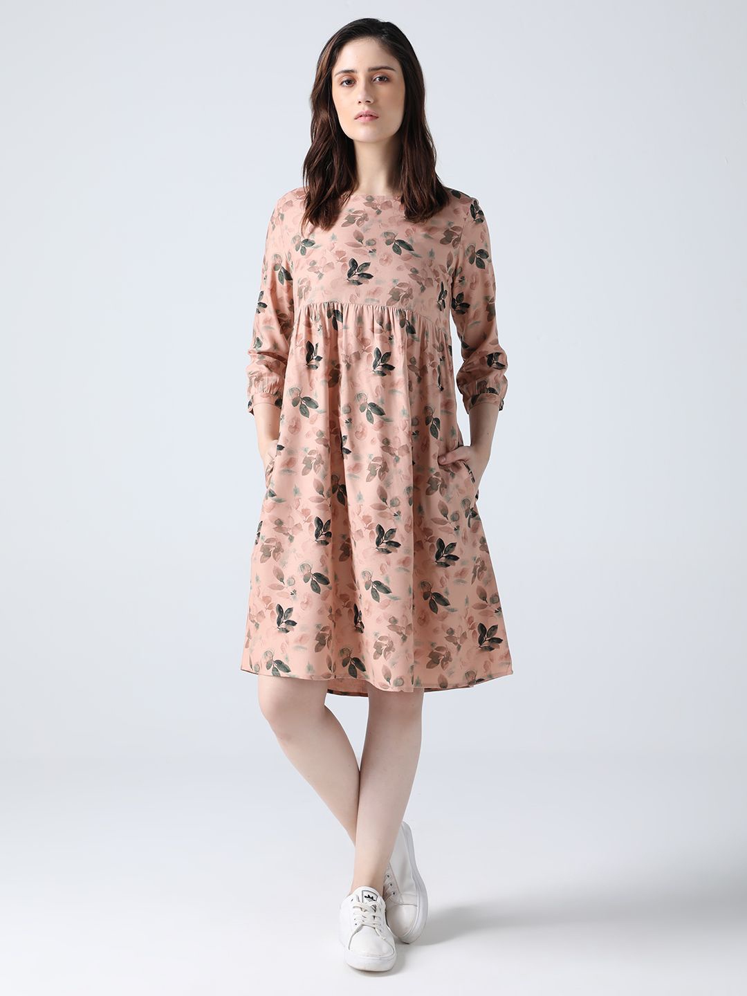 

IDK Women Floral Printed Puff Sleeve Round Neck Fit & Flare Dress, Beige