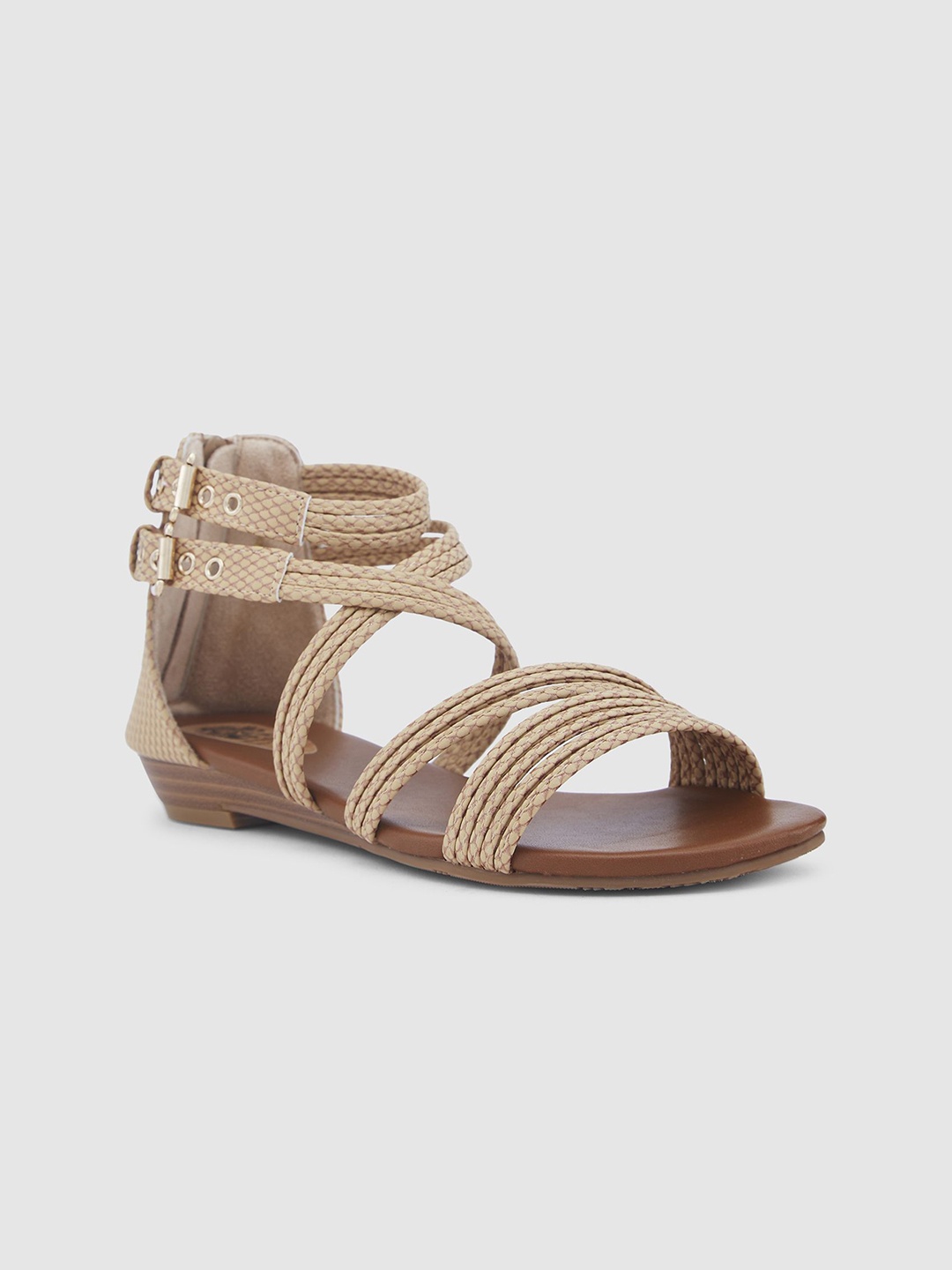 

Sole To Soul Women Striped Buckled Open Toe Gladiators Flats, Camel brown