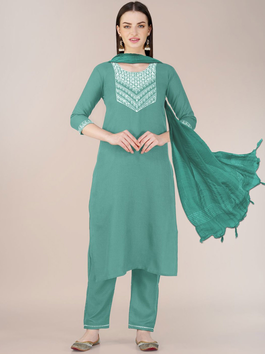 

KAYOMMI Floral Embroidered Straight Kurta with Trousers & Dupatta, Green