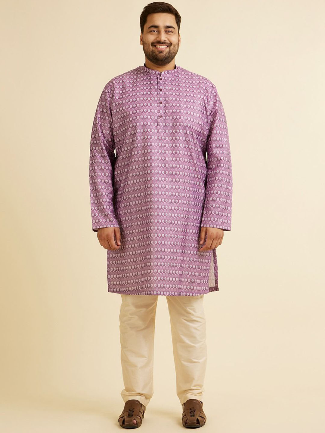 

Manyavar Plus Size Floral Printed Mandarin Collar Straight Kurta, Purple