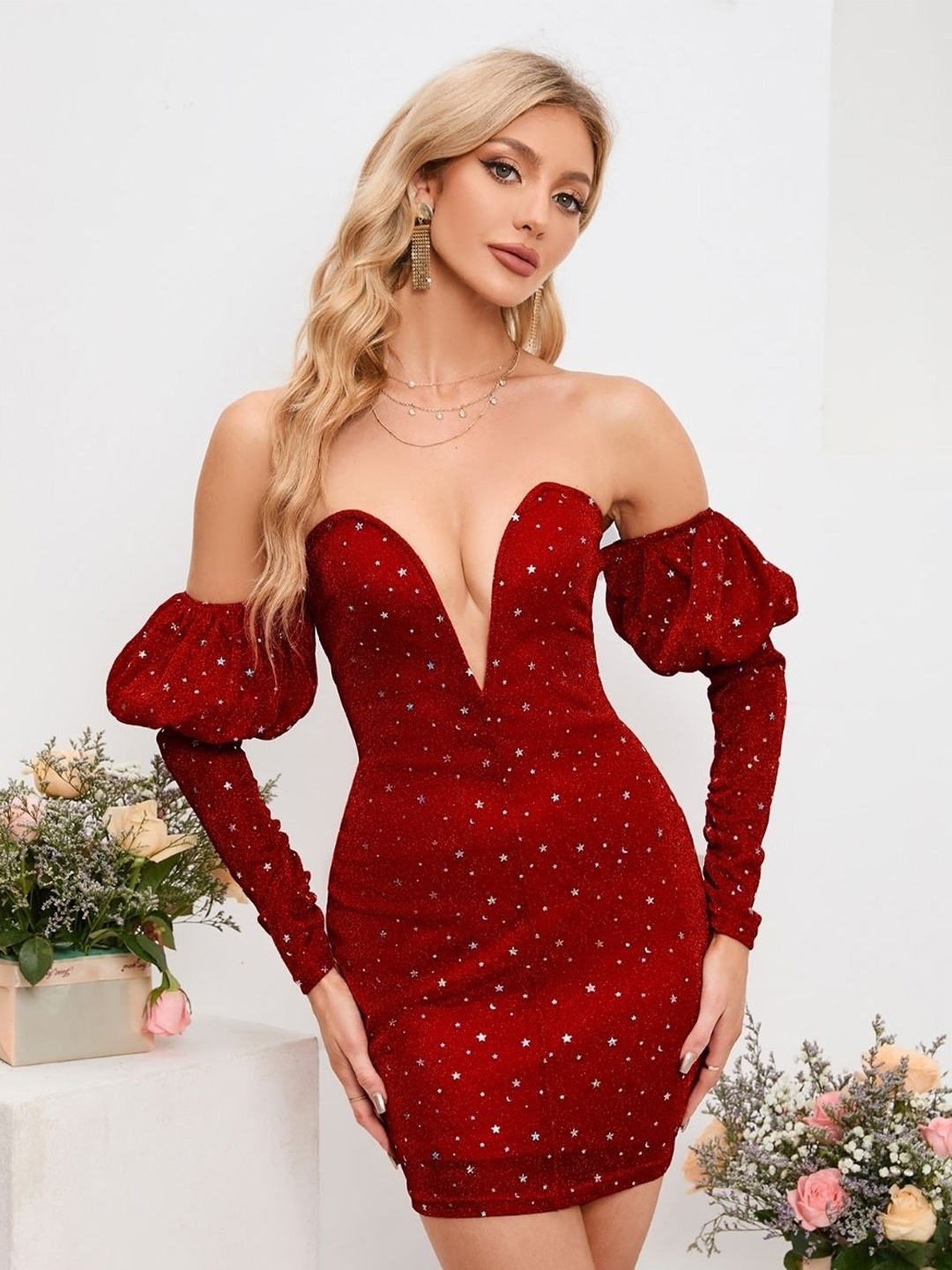 

KPOP Printed Off-Shoulder Long Bishop Sleeves Bodycon Mini Dress, Red