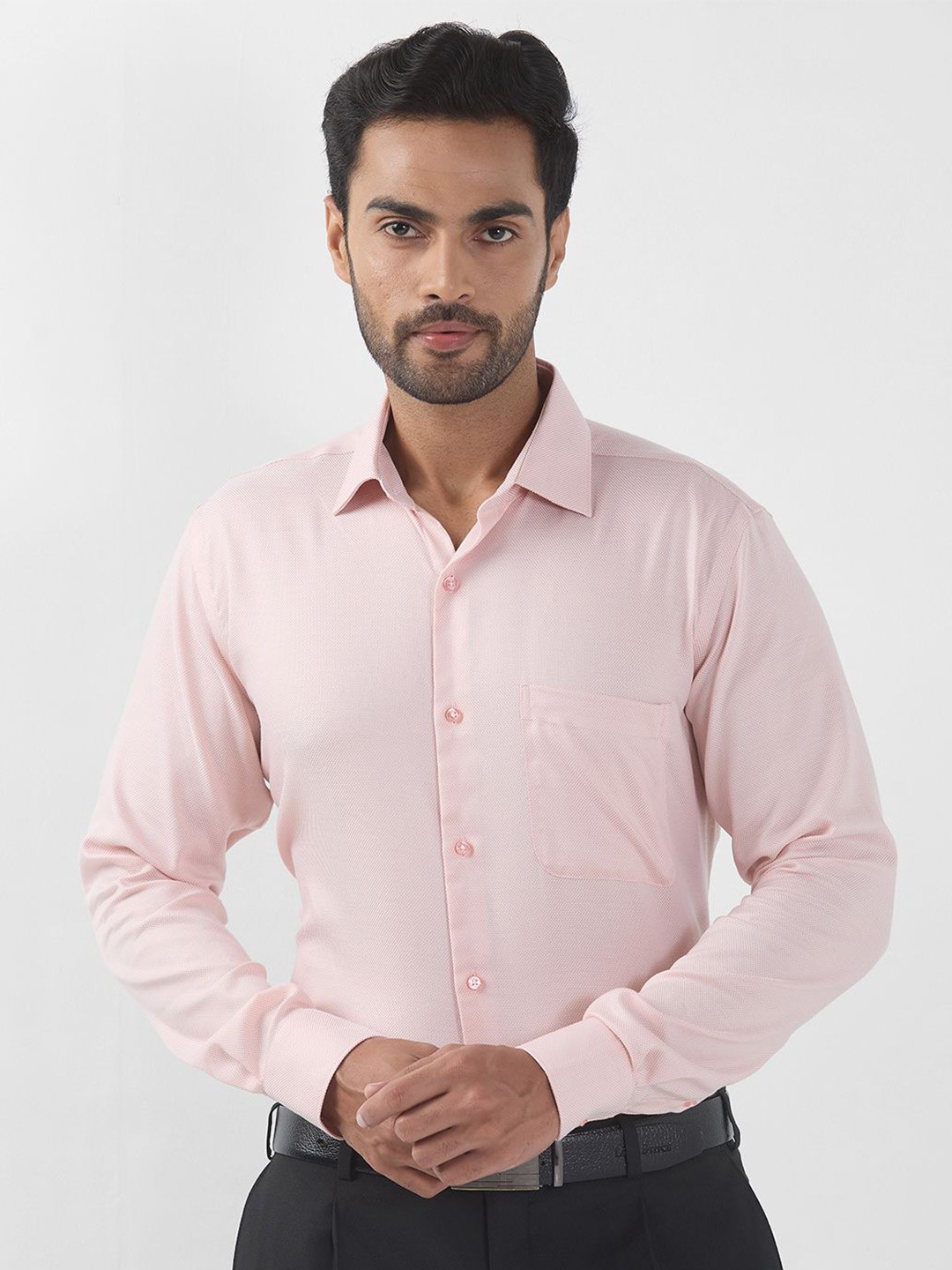 

Raymond Men Contemporary Spread Collar Textured Cotton Formal Shirt, Pink