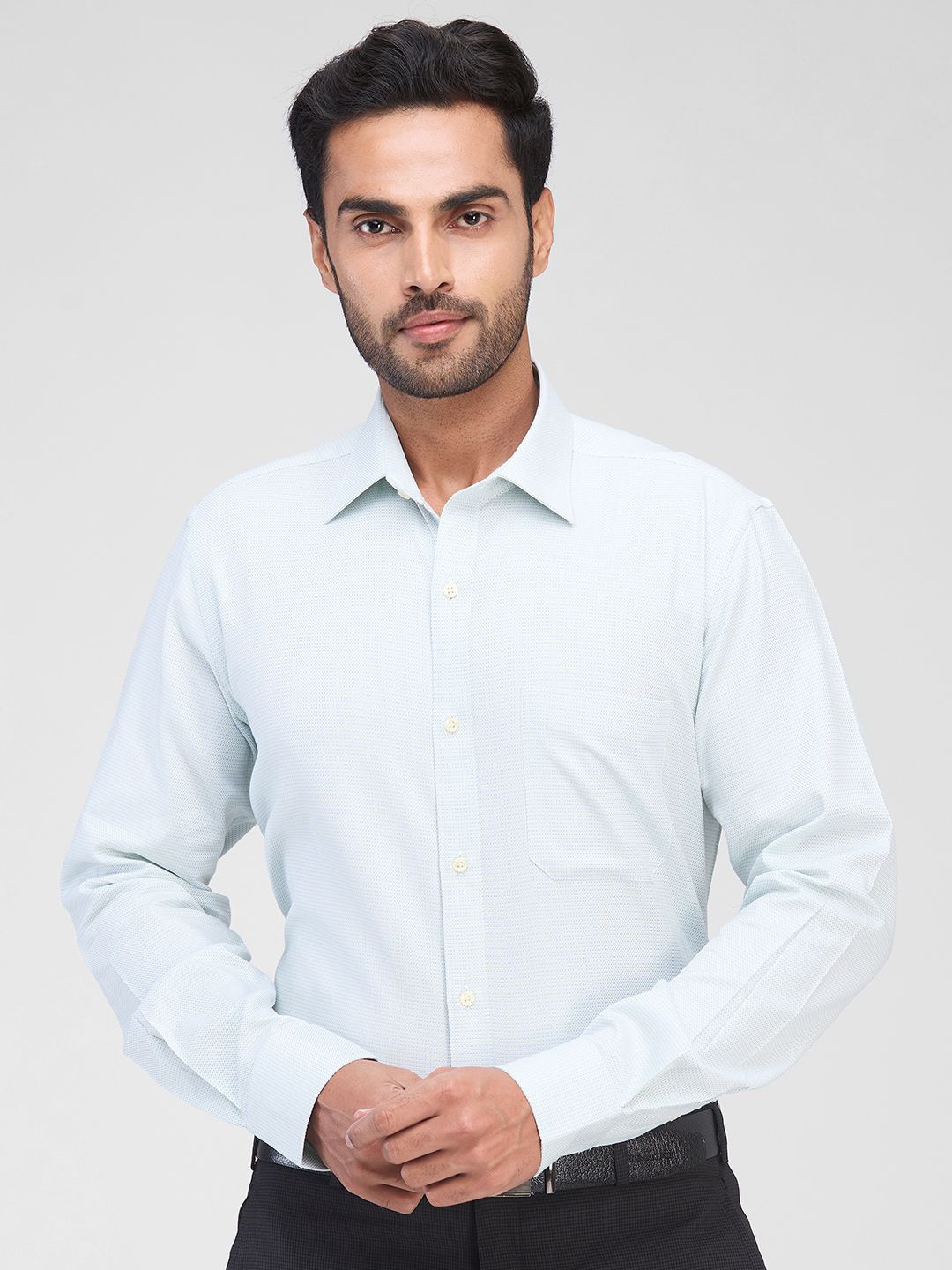 

Raymond Men Contemporary Spread Collar Textured Cotton Formal Shirt, Green