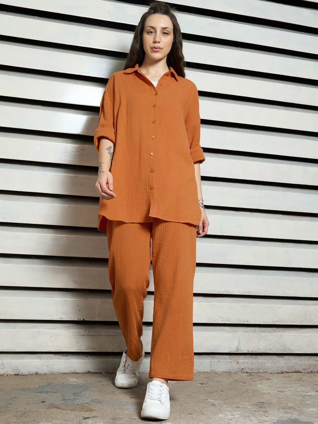 

High Star Self Design Pure Cotton Shirt With Trouser, Orange