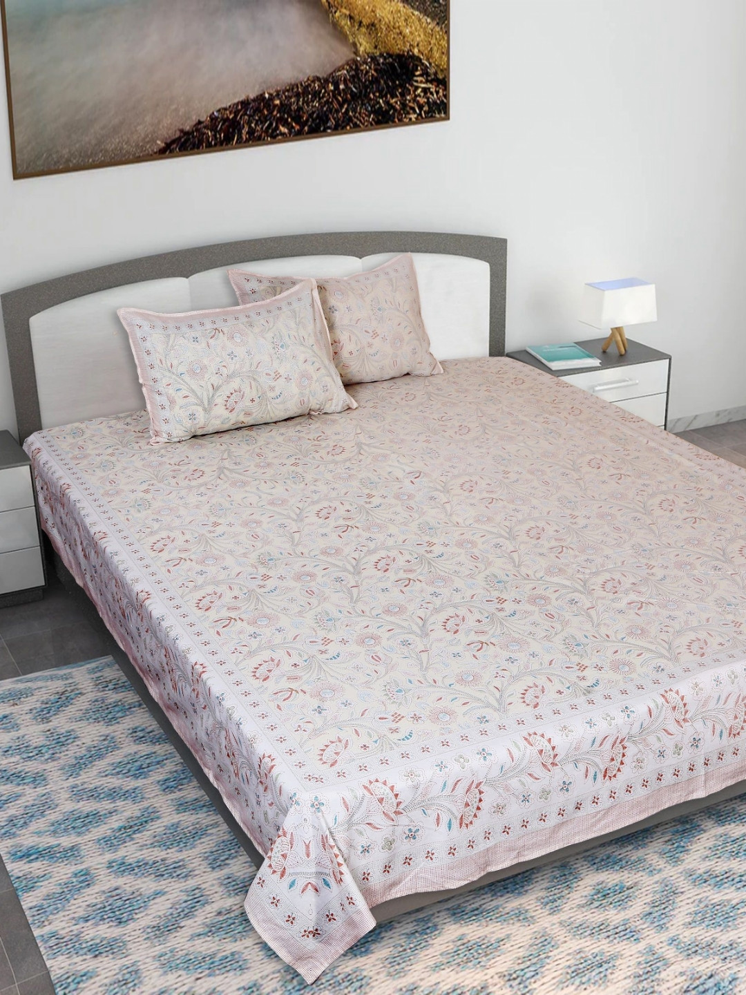 

Texstylers Biege & Brown Kantha Printed 210 TC Cotton Queen Bedsheet With 2 Pillow Covers, Beige