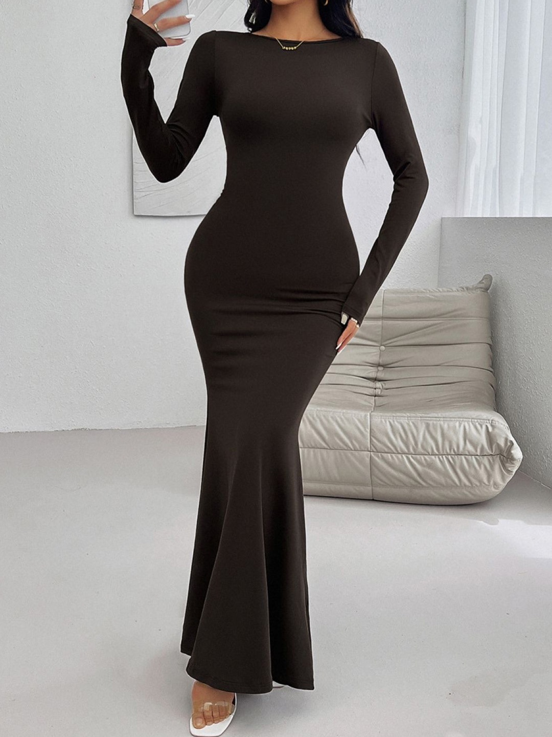 

KPOP Women Solid Boat Neck Maxi Dress, Brown