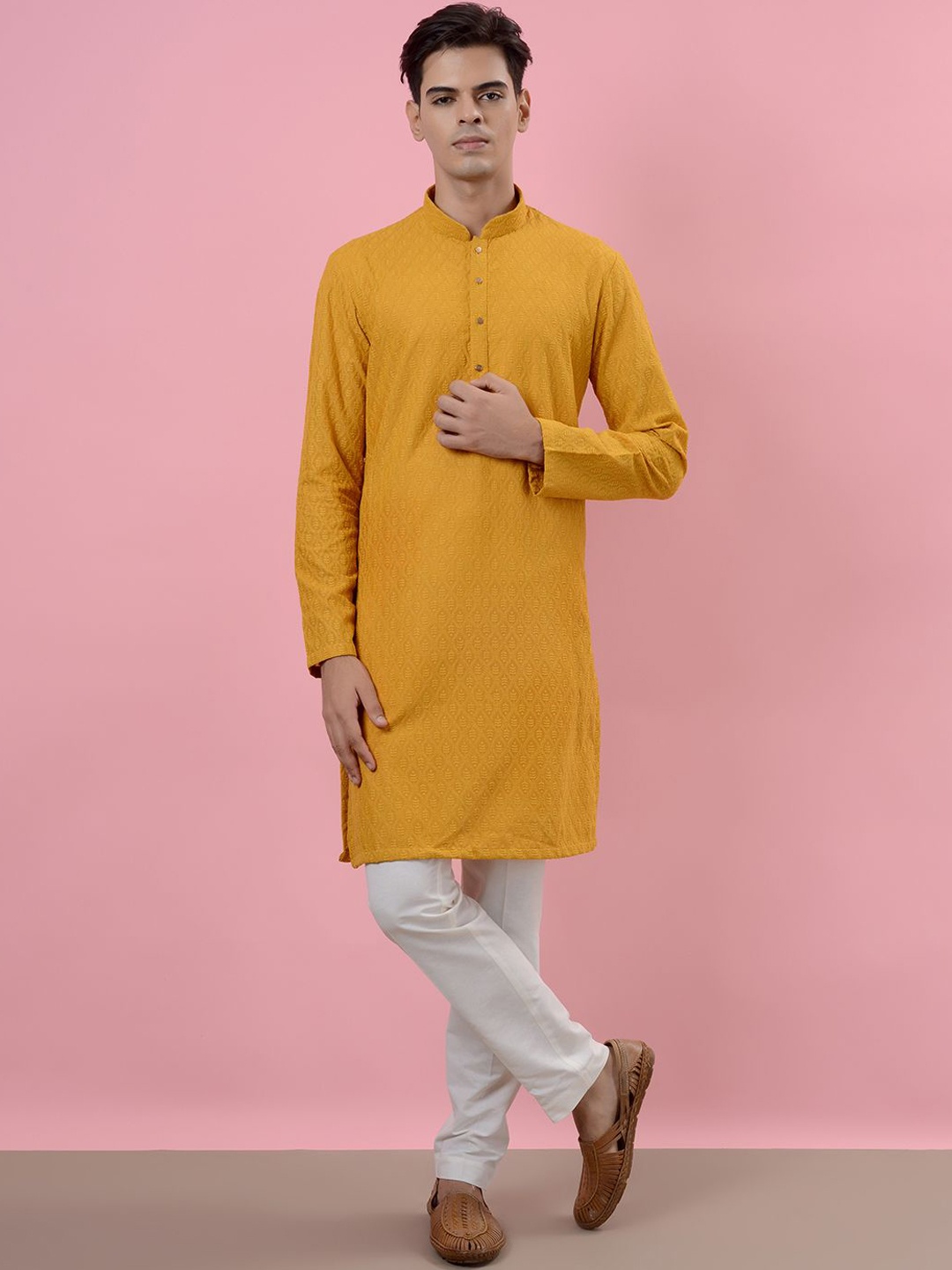 

azania Floral Embroidered Thread Work Mandarin Collar Straight Kurta with Pyjamas, Yellow