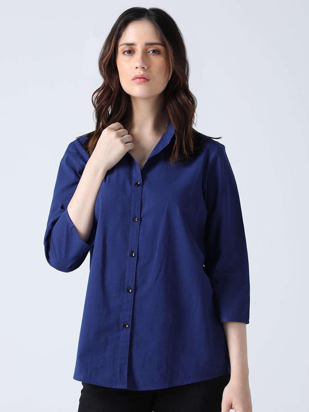 

IDK Women Solid Shirt Collar Cotton Top, Blue