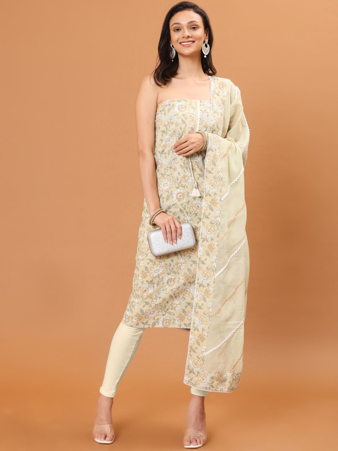 

Meena Bazaar Floral Printed Sequinned Unstitched Dress Material, Green