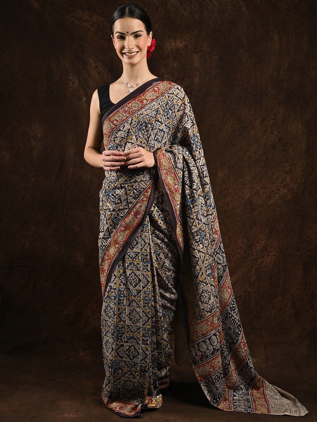 

Exotic India Ethnic Motifs Printed Saree, Black