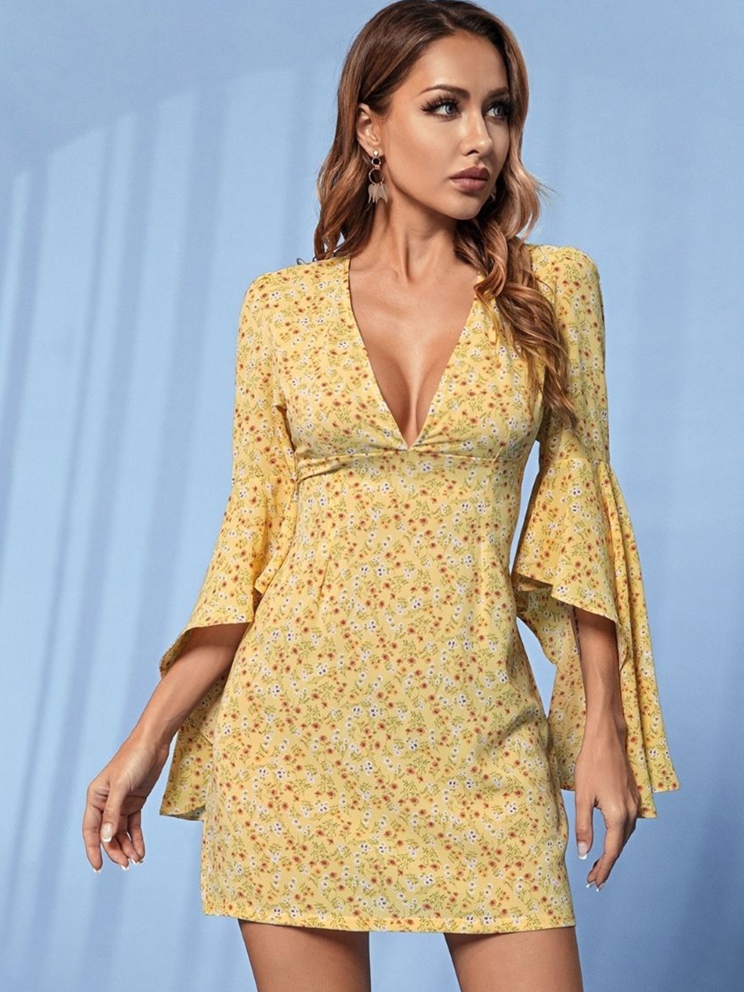 

KPOP Womens Floral Print V-Neck Bell Sleeve A-Line Dress, Yellow