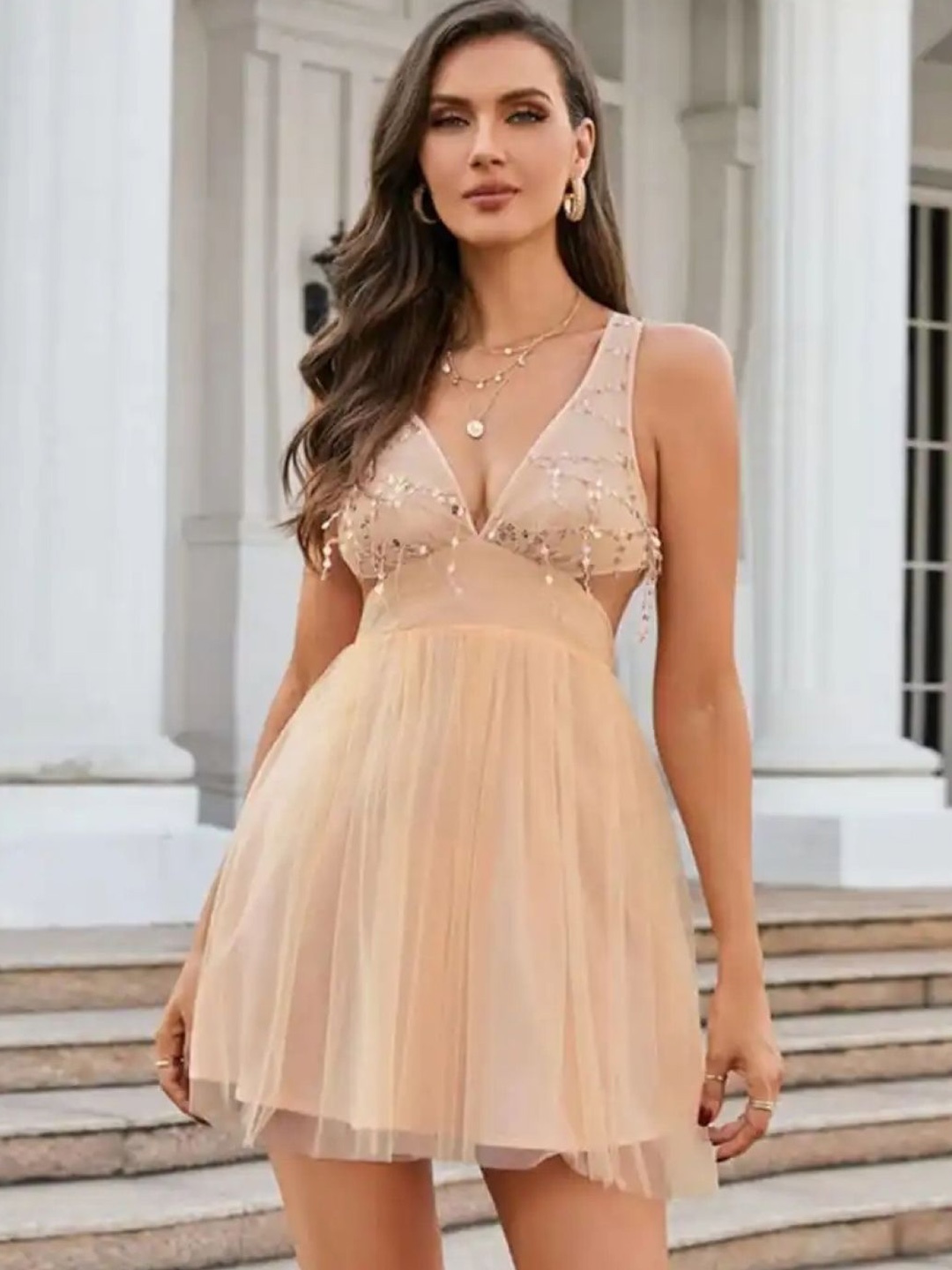 

KPOP Solid V-Neck Sleeveless Fit and Flare Mini Dress, Beige