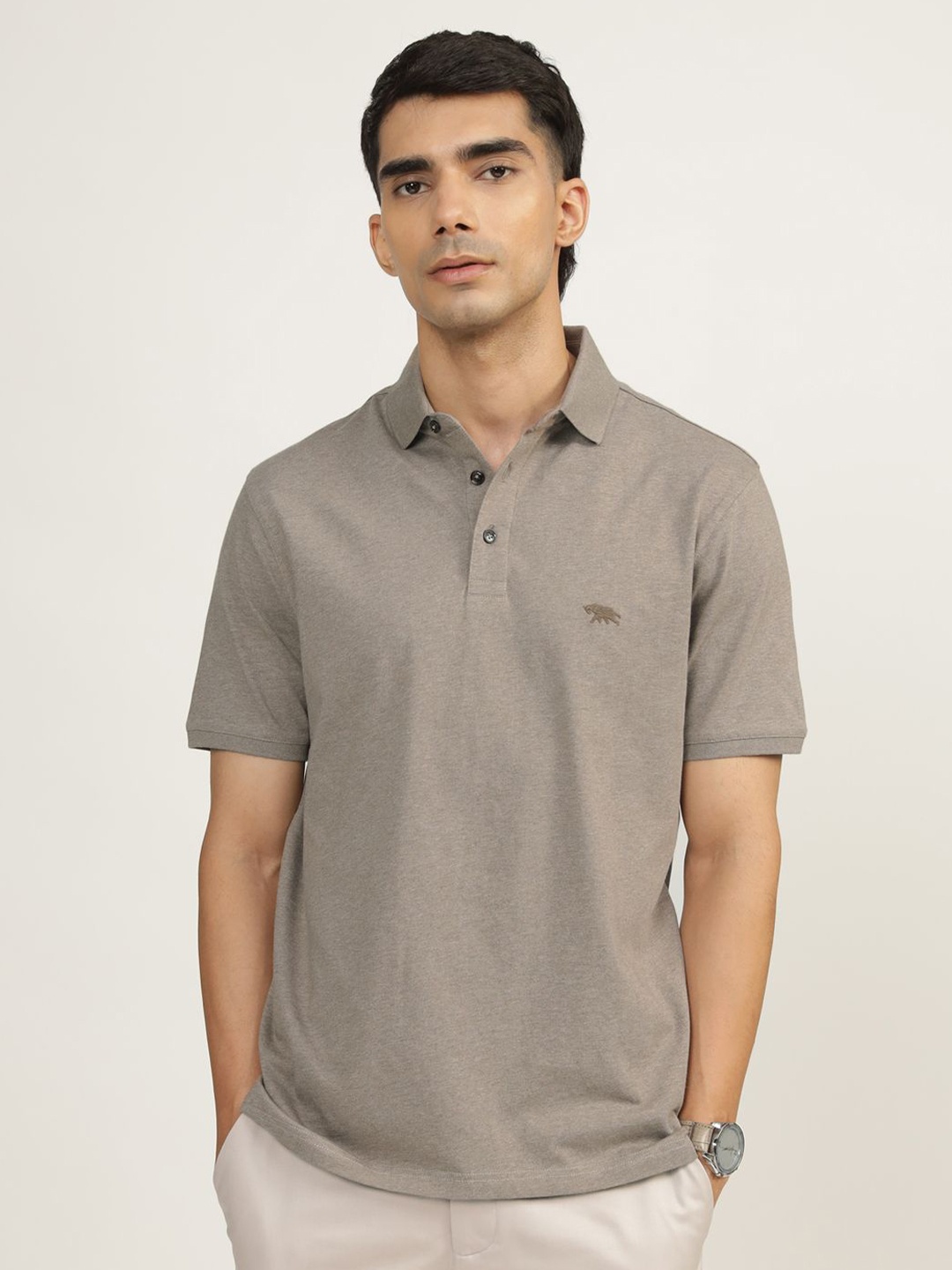 

Andamen Men Solid Polo Collar Cotton T-shirt, Brown