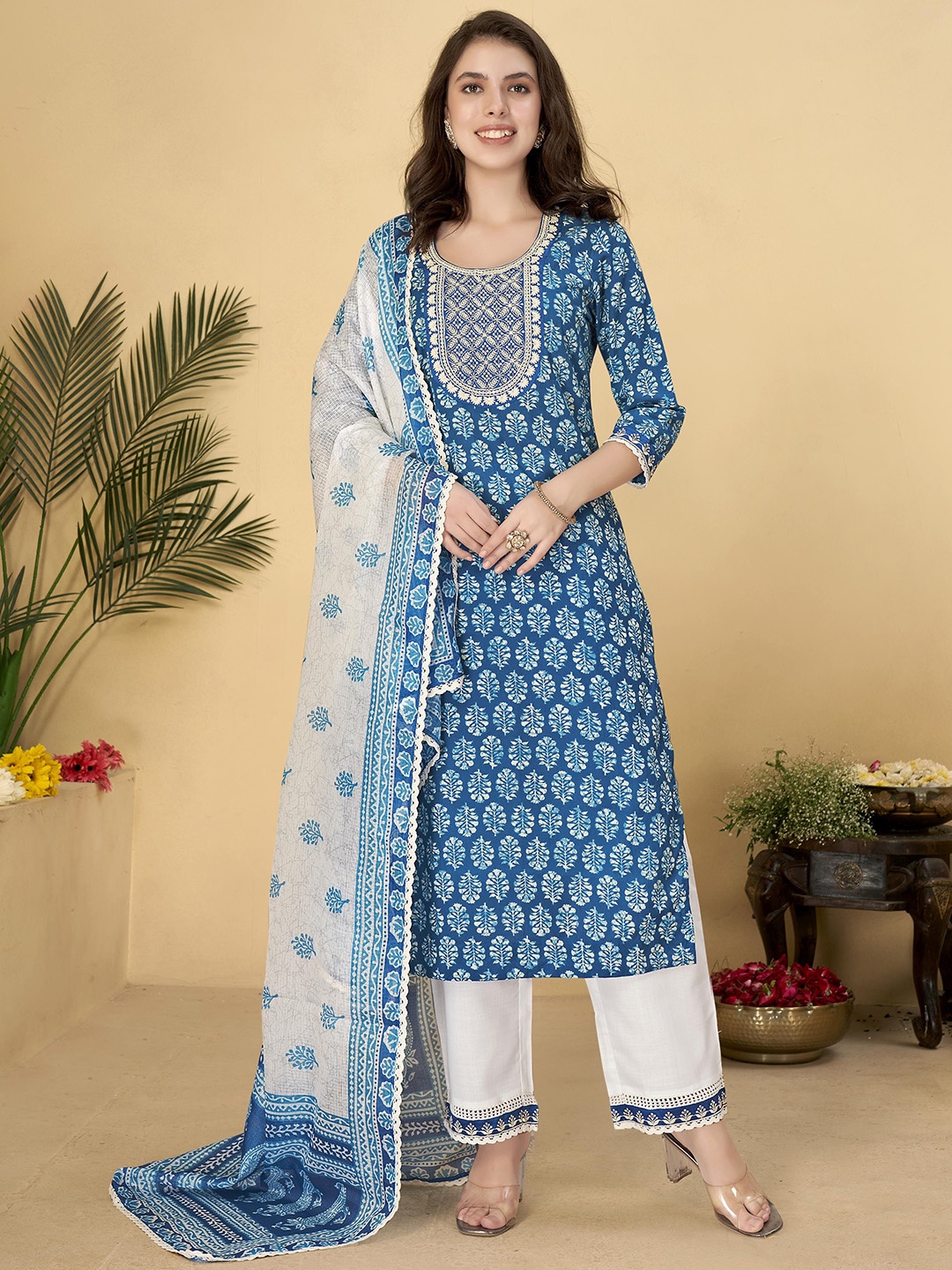 

Anouk Ethnic Motifs Embroidered Regular Pure Cotton Straight Kurta with Palazzos & Dupatta, Blue