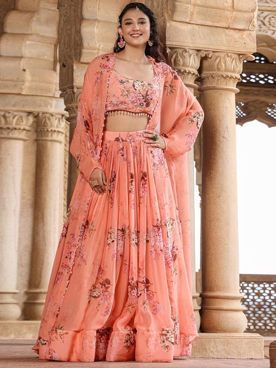 

SCAKHI Printed Beads and Stones Ready to Wear Lehenga & Blouse With Dupatta, Peach