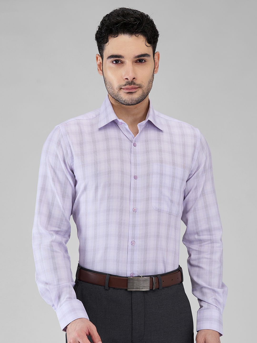 

Raymond Men Contemporary Spread Collar Checked Cotton Formal Shirt, Violet