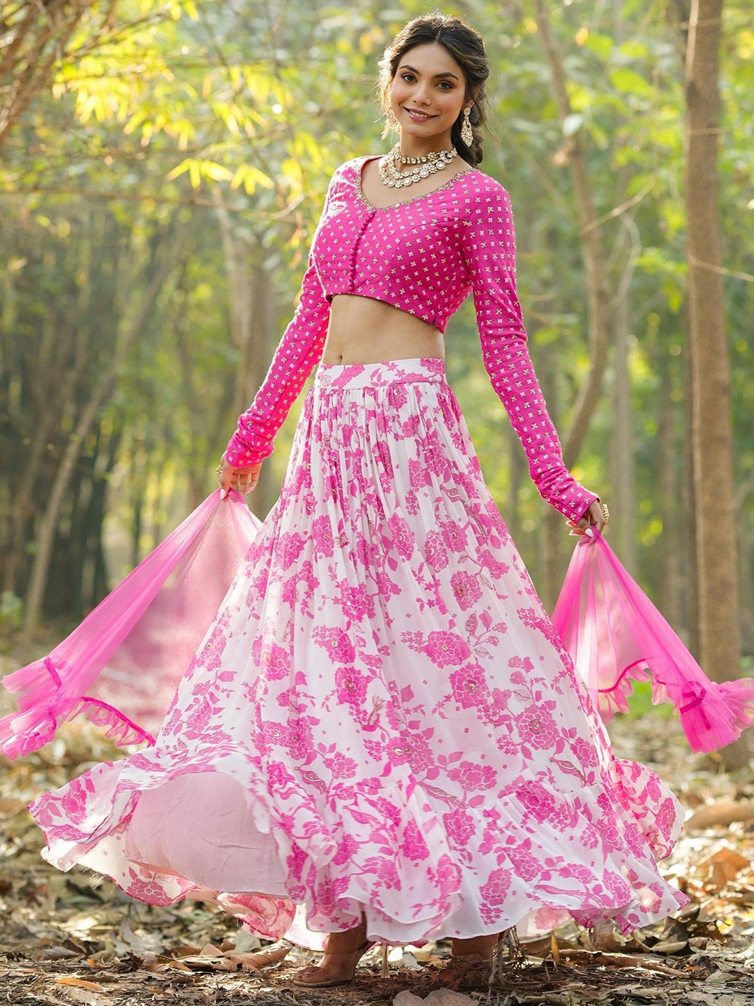 

SCAKHI Printed Beads and Stones Ready to Wear Lehenga & Blouse With Dupatta, Pink