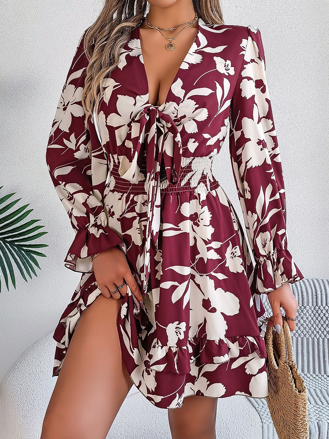 

HERE&NOW Floral Printed Bell Sleeve A-Line Dress, Burgundy