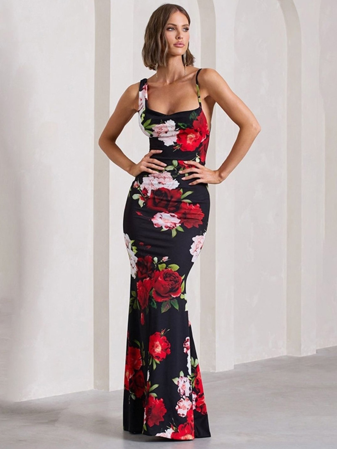 

KPOP Floral Printed Shoulder Straps Bodycon Maxi Dress, Black