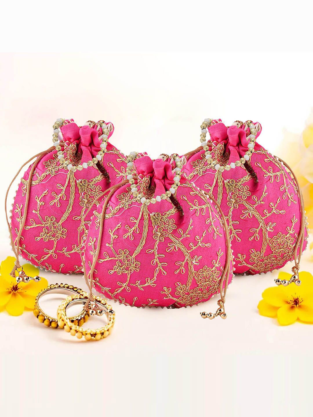 

Kuber Industries Set of 3 Embroidered Potli Bags, Pink