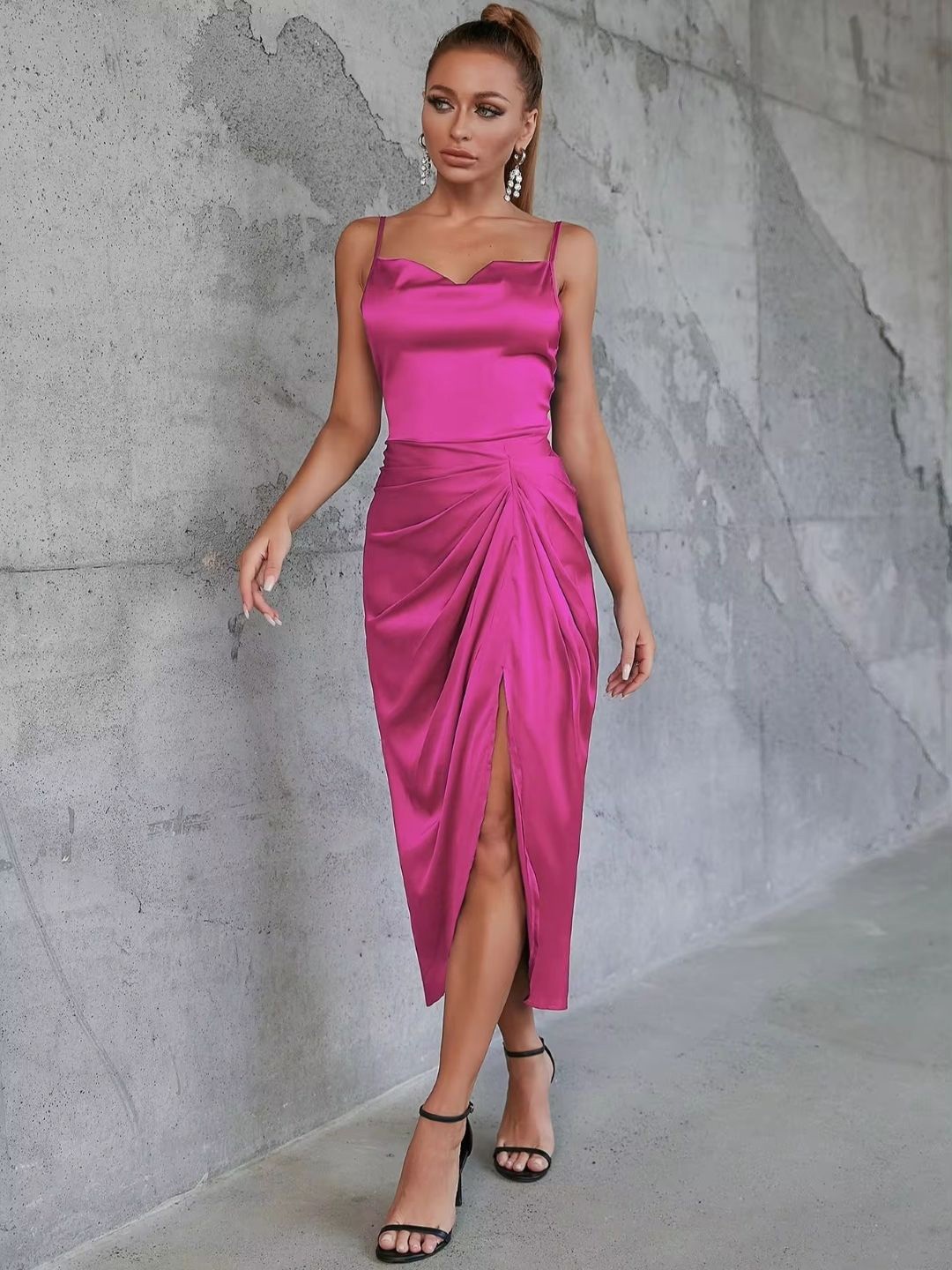 

KPOP Women Pink Shoulder Straps Solid Bodycon Midi Dress