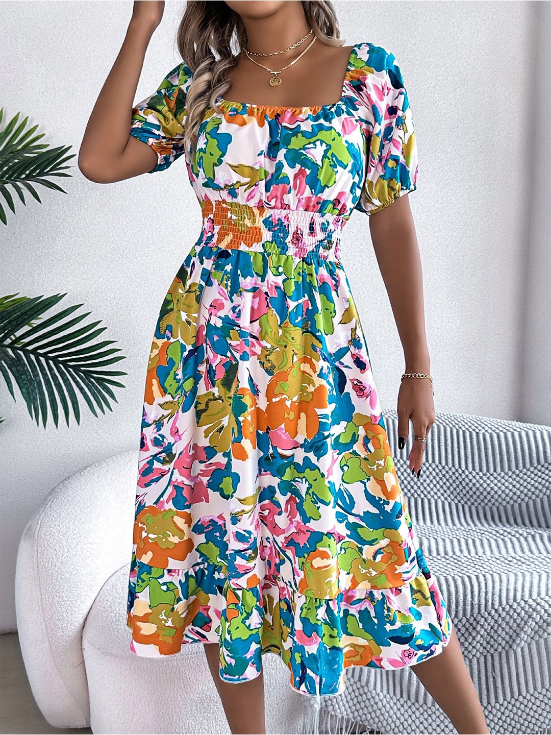 

HERE&NOW Women Floral Print Puff Sleeve Fit & Flare Midi Dress, Green