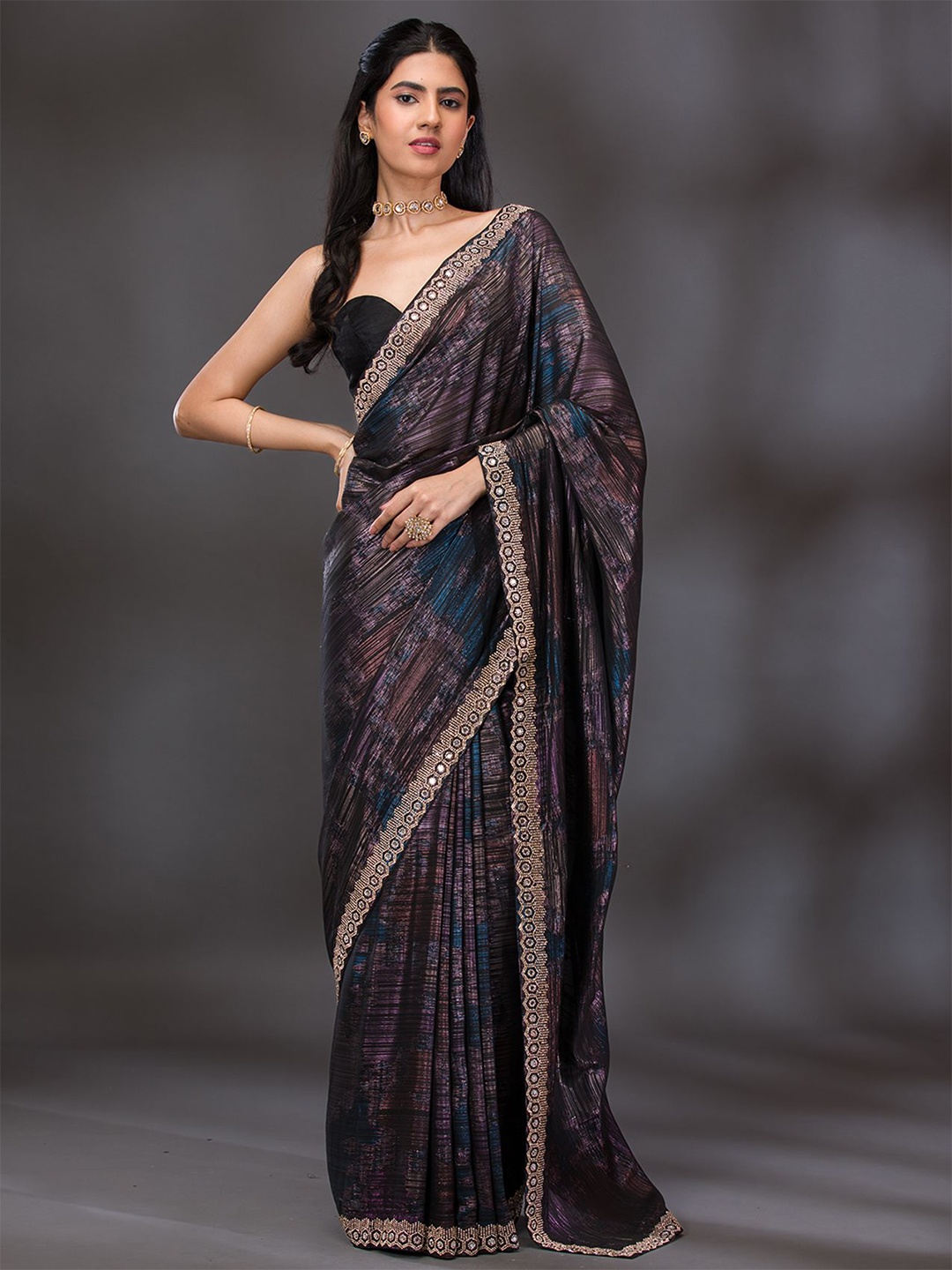 

Koskii Embellished Beads and Stones Pure Georgette Saree, Purple