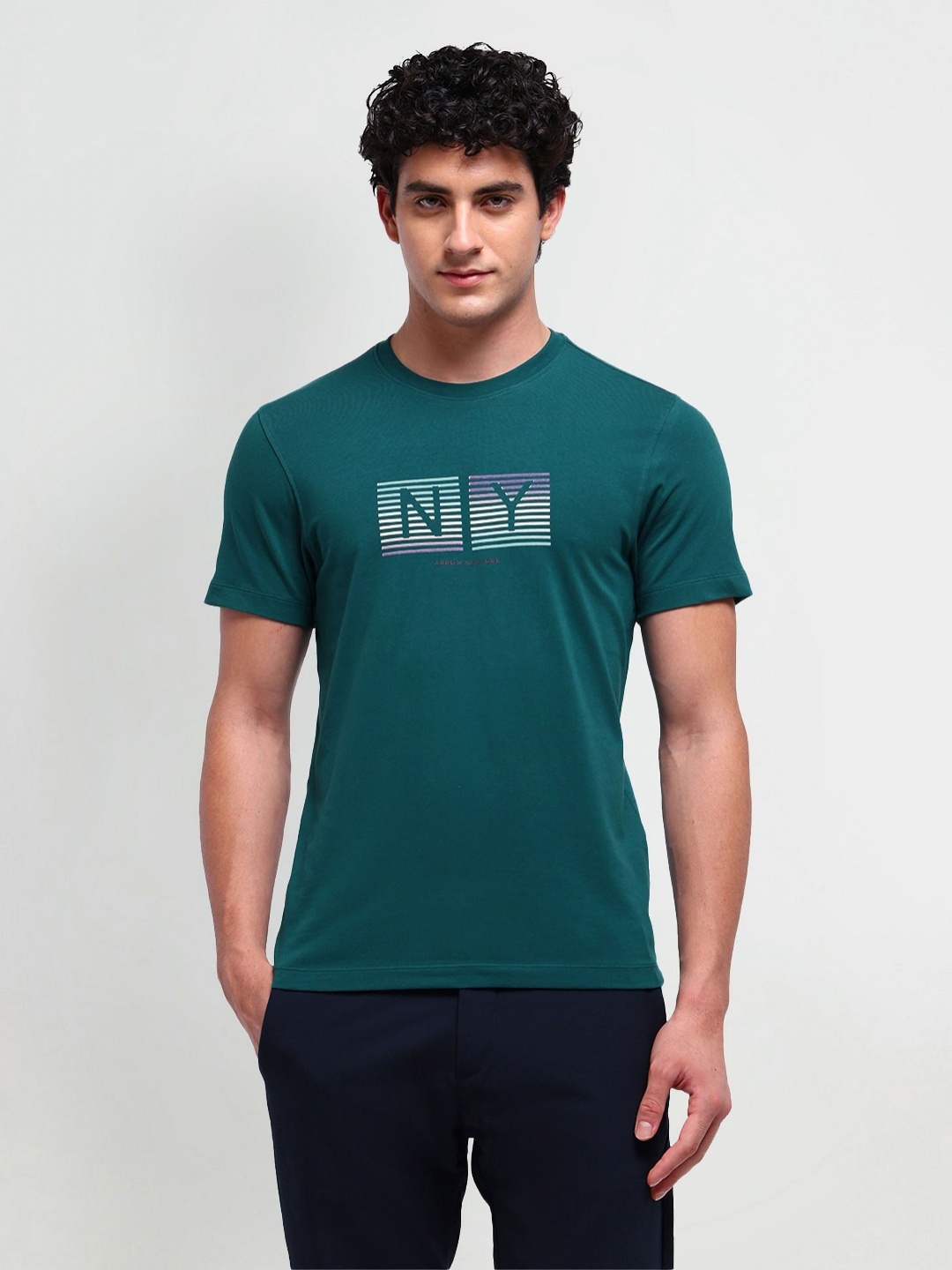 

Arrow New York Men Typography Printed Round Neck Cotton T-shirt, Teal