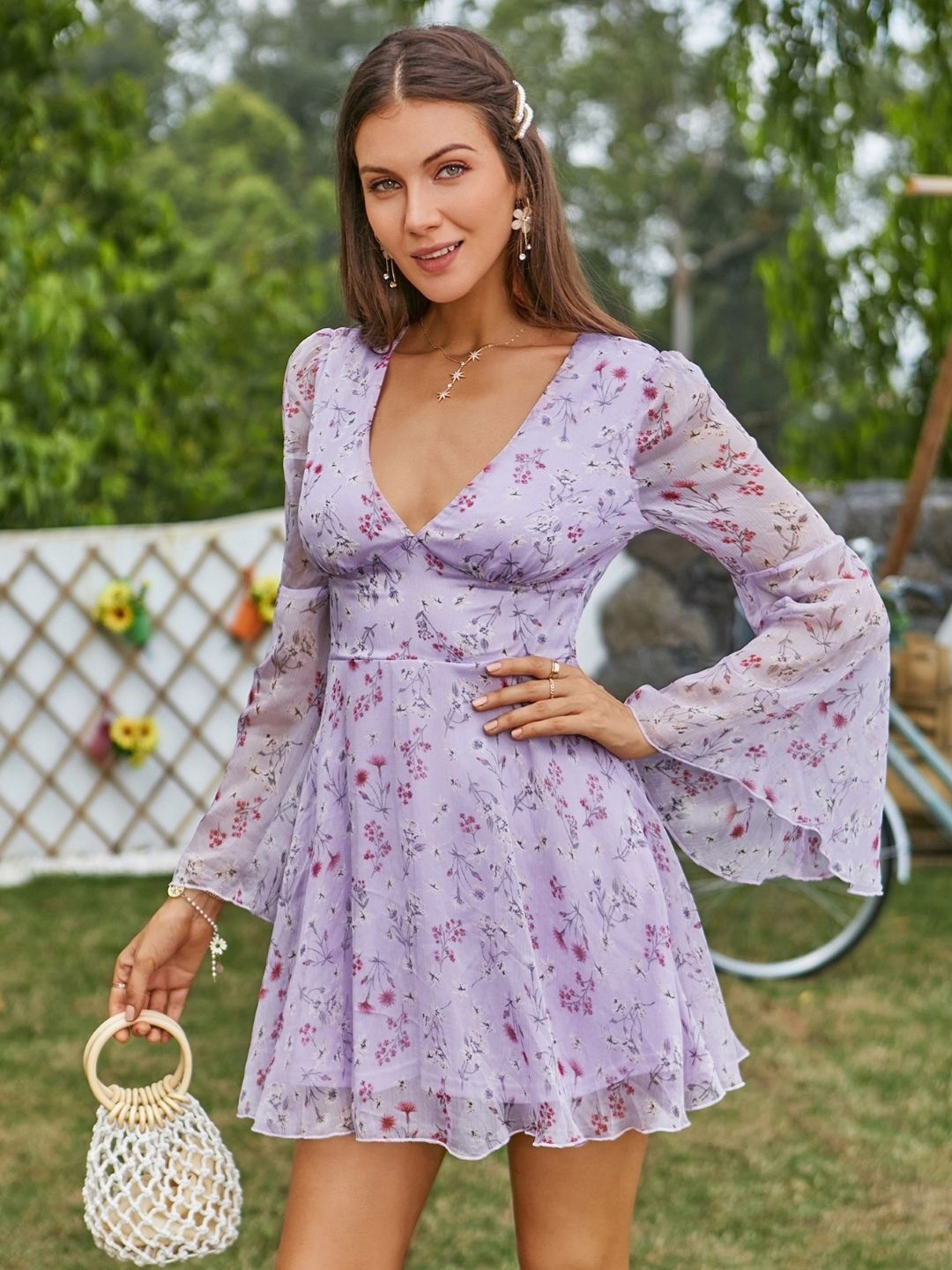 

KPOP Floral Printed V-neck Long Bell Sleeves Fit & Flare Mini Dress, Purple
