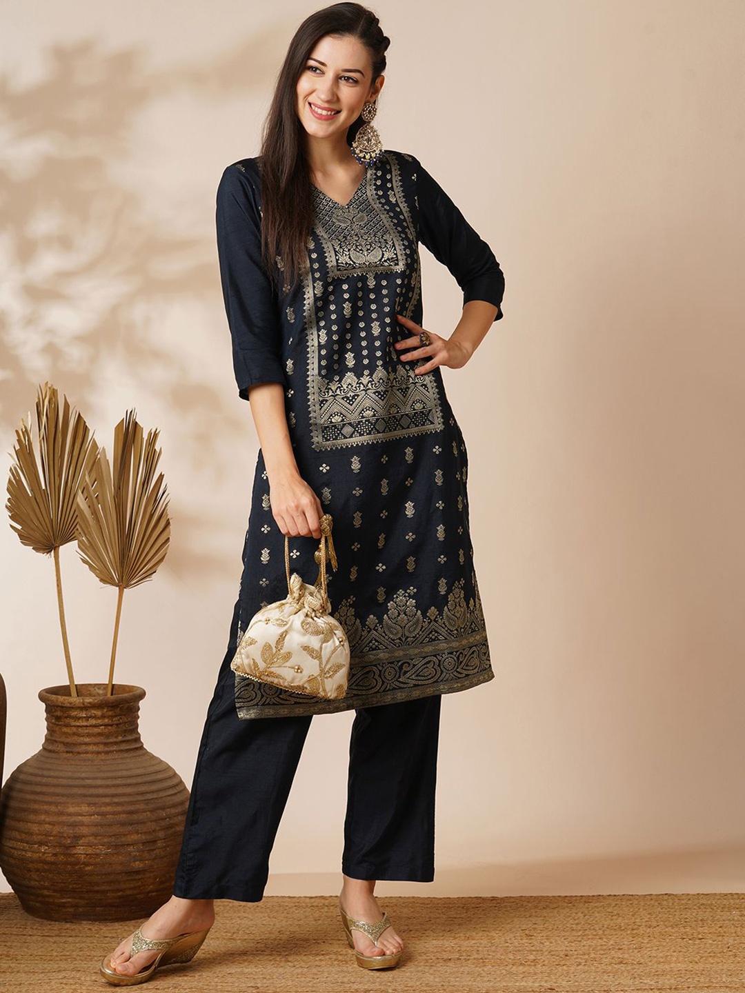 

Globus Blue V-Neck Brocade Ethnic Motifs Straight Knee Length Kurta With Pants