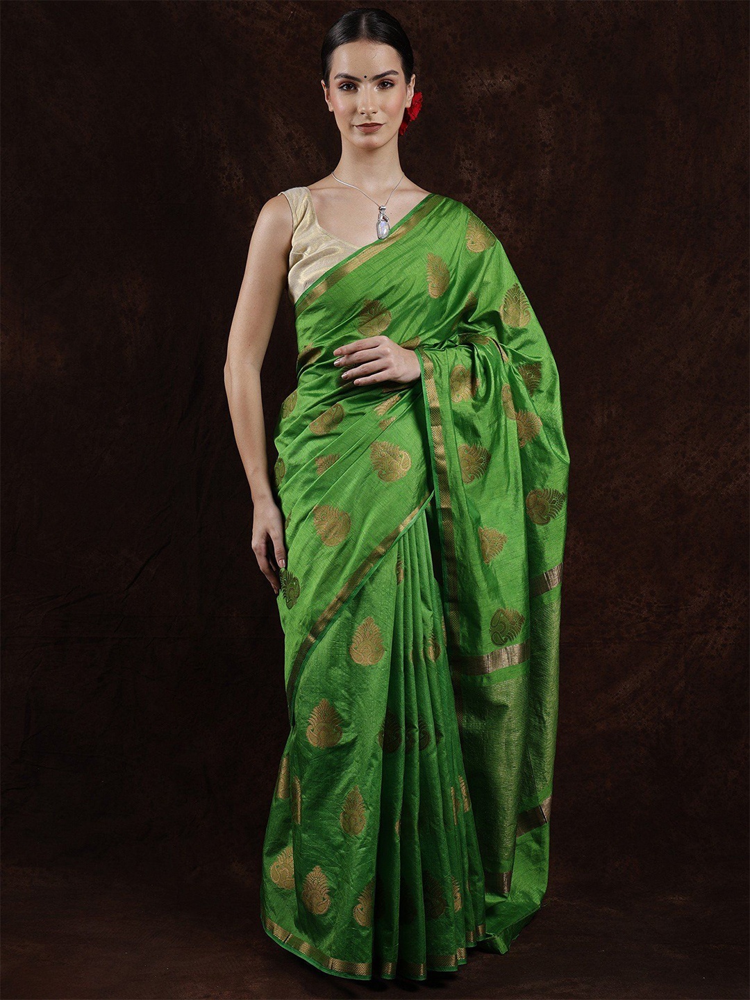 

Exotic India Classic Green Zari Brocaded Paisley Booti Silk Saree with Striped Pallu