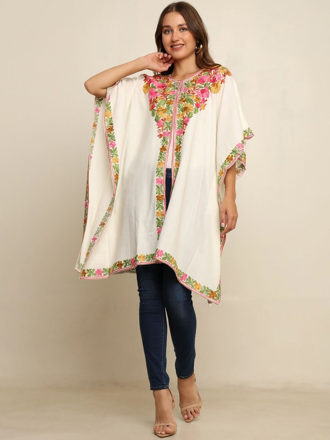 

CRAFTBAZAR Floral Embroidered Flared Sleeves Thread Work Kaftan Kurta, White