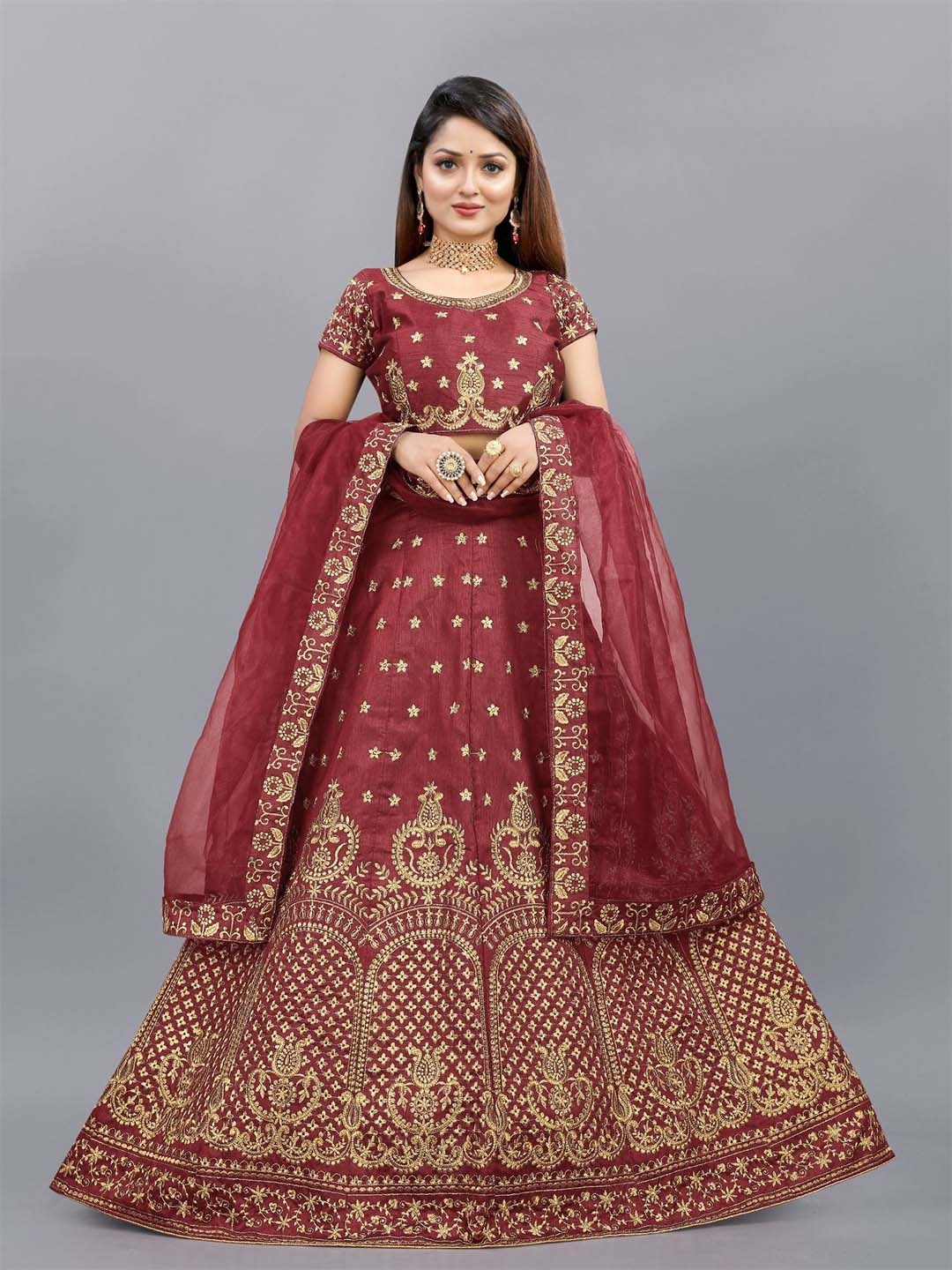 

Aika Embroidered Thread Work Semi-Stitched Lehenga & Unstitched Blouse With Dupatta, Maroon