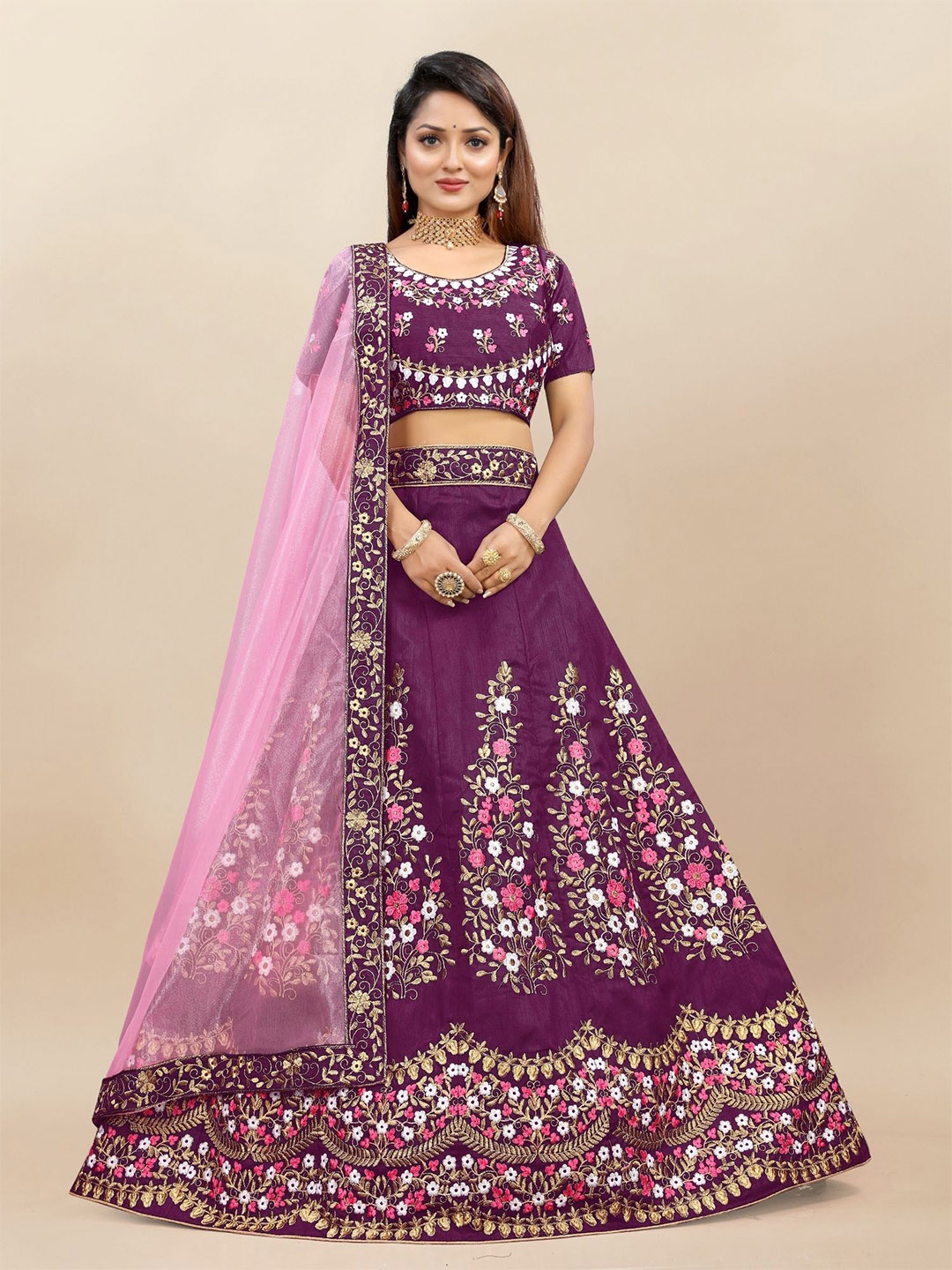 

LADY SHOPI Embroidered Thread Work Semi-Stitched Lehenga & Unstitched Blouse With Dupatta, Purple