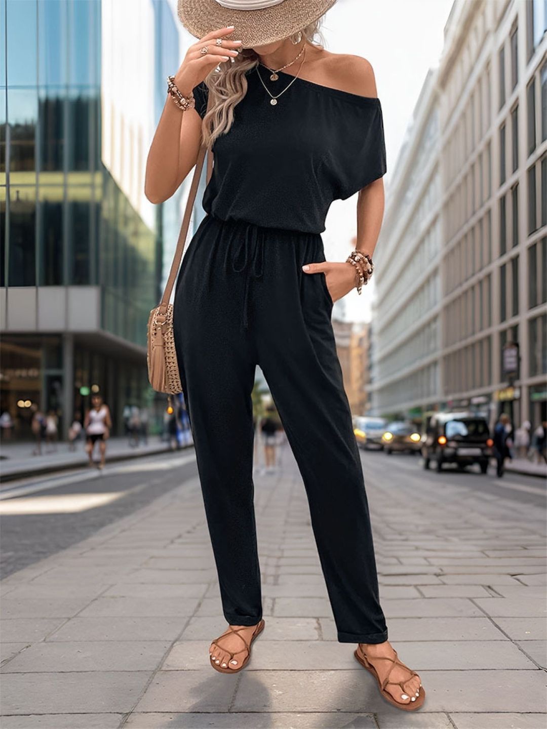 

KPOP Women One Shoulder Short Sleeves Basic Jumpsuit, Black