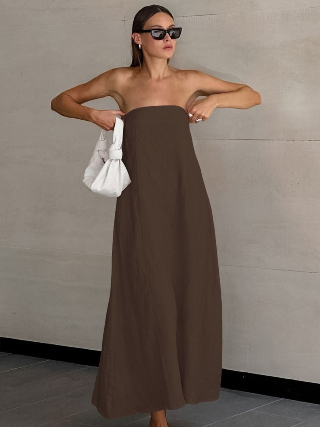 

KPOP Solid Off-Shoulder Cotton Maxi Dress, Brown
