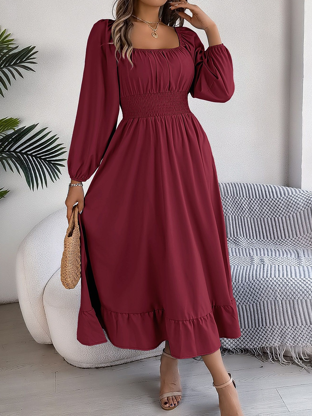 

HERE&NOW Square Neck Bishop Sleeves Solid Maxi Dress, Maroon