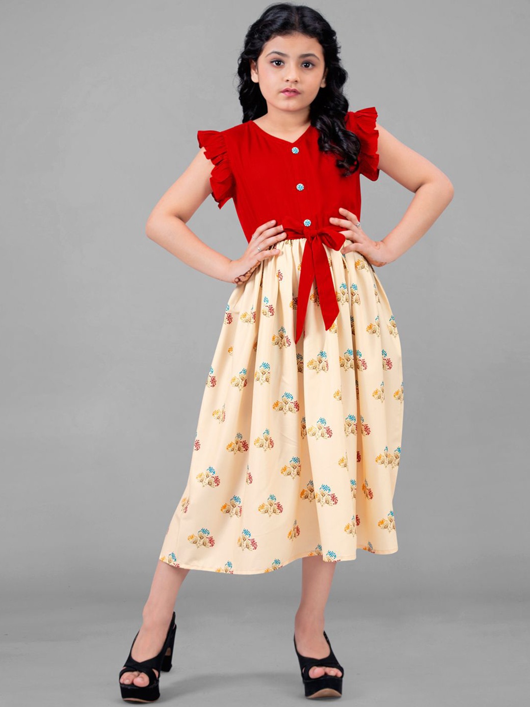 

BAESD Floral Print Flutter Sleeve Crepe Fit & Flare Midi Dress, Red