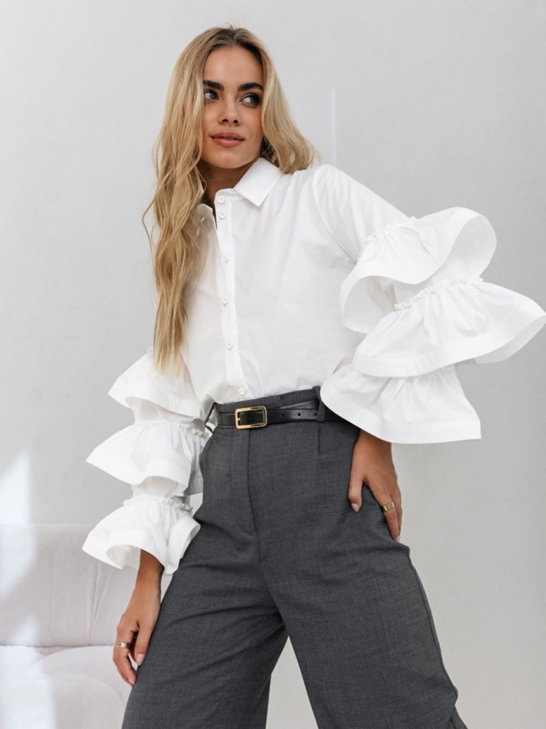 

KPOP Women Solid Shirt Collar Top, White