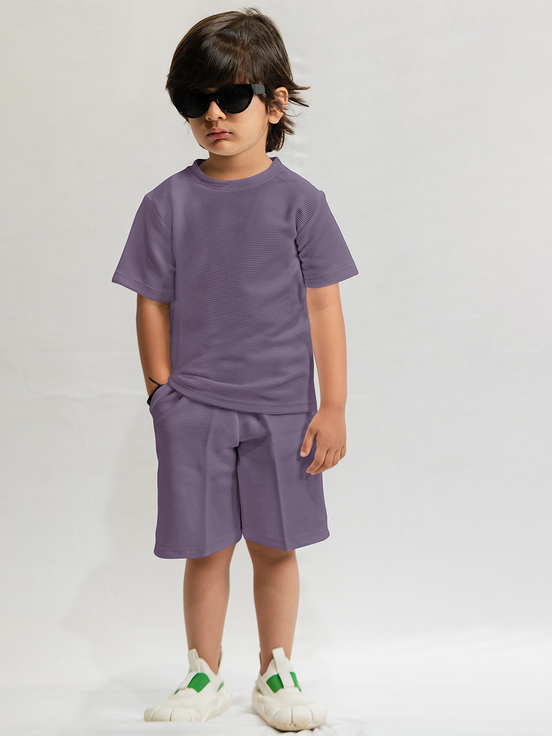 

Emblica Unisex Kids Striped Round Neck Short Sleeves Casual T-shirt With Shorts, Purple