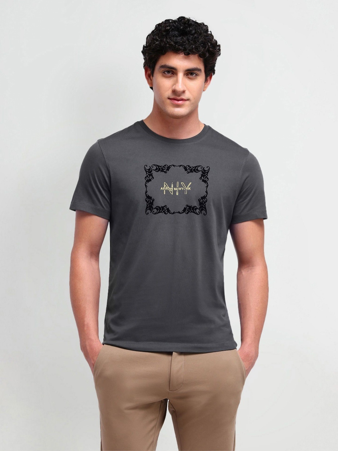 

Arrow New York Men Graphic Printed Round Neck Cotton T-shirt, Charcoal