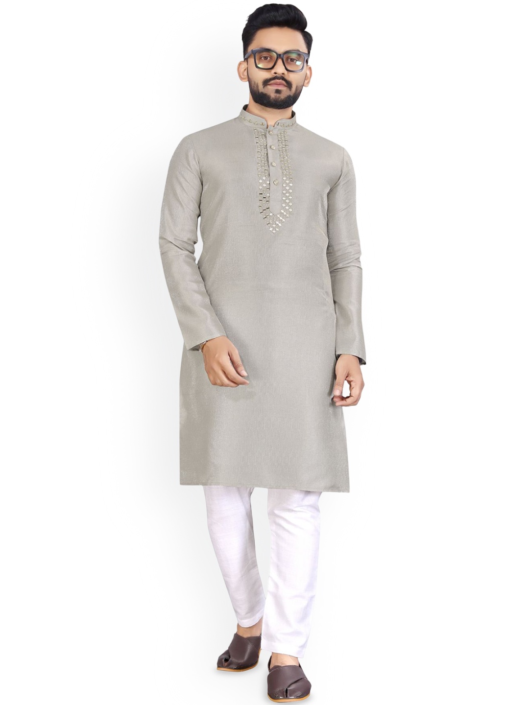 

CHARLOTTE GRACIOUS Mandarin Collar Mirror Work Cotton Silk Straight Kurta, Grey