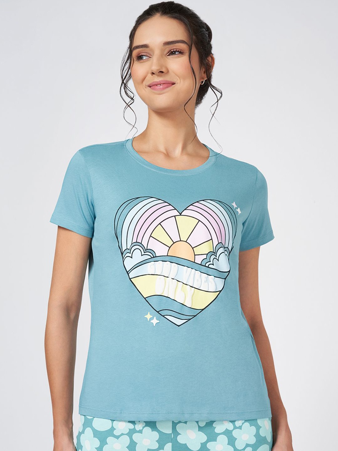 

Dreamz by Pantaloons - Women Printed Pure Cotton Lounge Tshirts, Turquoise blue