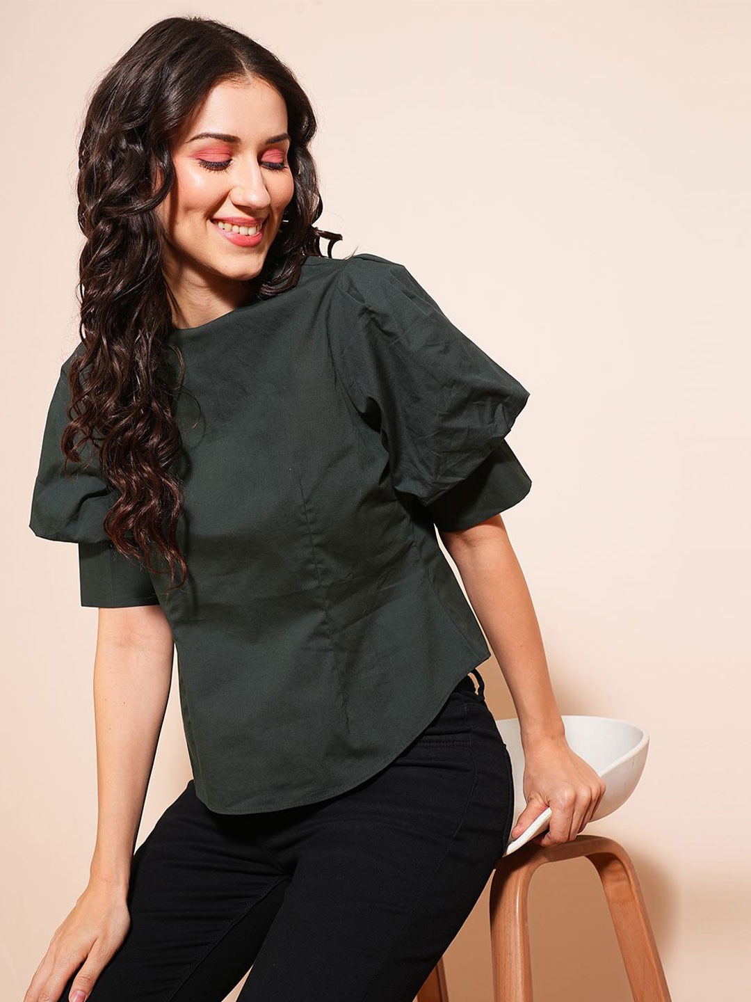 

Globus Women Green Puff Sleeve Round Neck Back Button Shirt Style Workwear Top