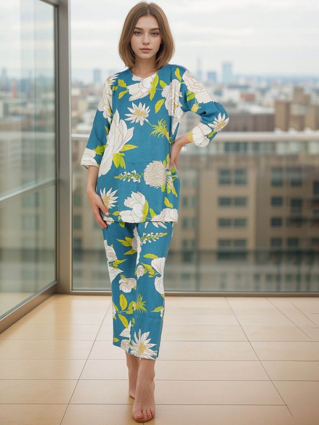 

BAESD Floral Printed Tunic with Trousers, Blue