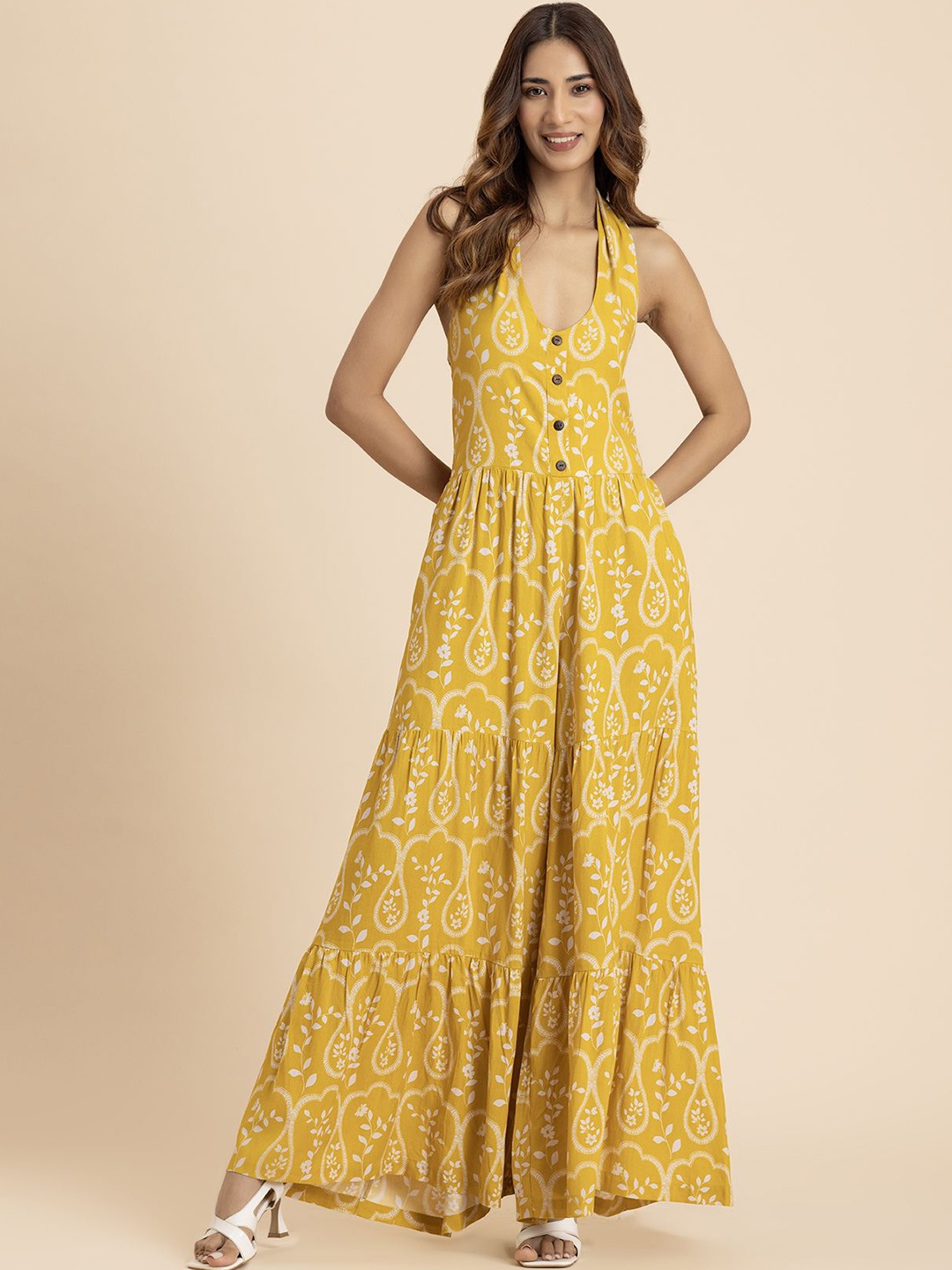 

Moomaya Halter Neck Printed Basic Jumpsuit, Yellow