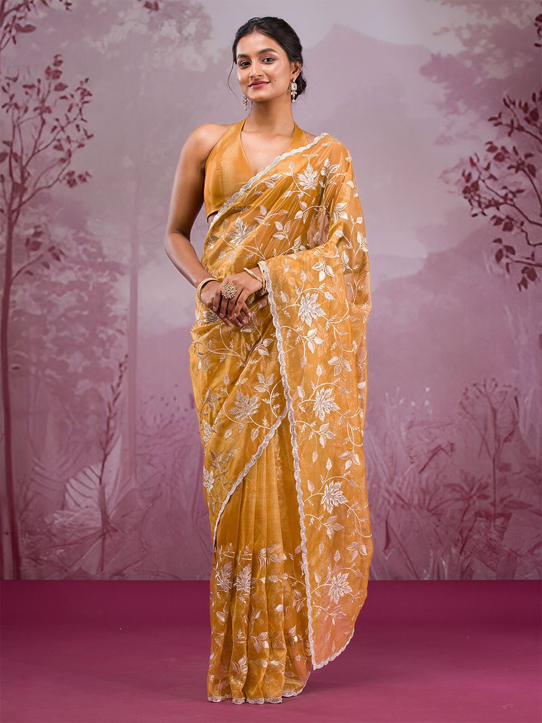 

Koskii Ethnic Motifs Beads and Stones Tissue Saree, Yellow