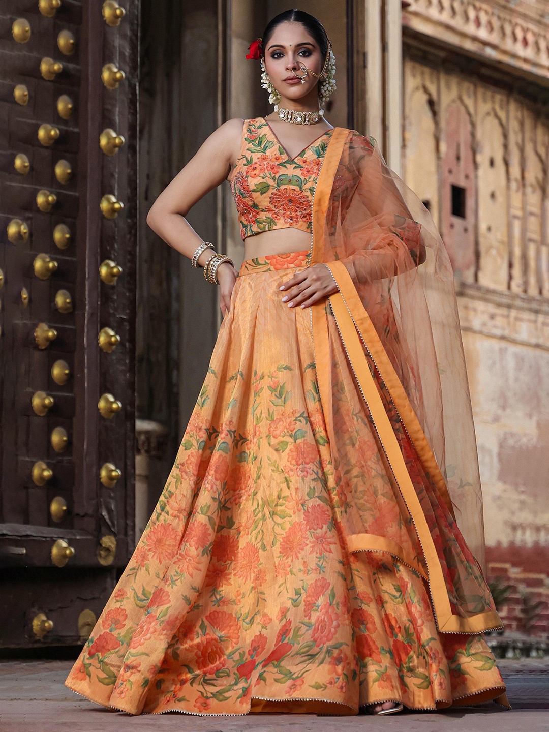 

SCAKHI Floral Printed Beads and Stones Tissue Ready to Wear Lehenga & Blouse With Dupatta, Mustard