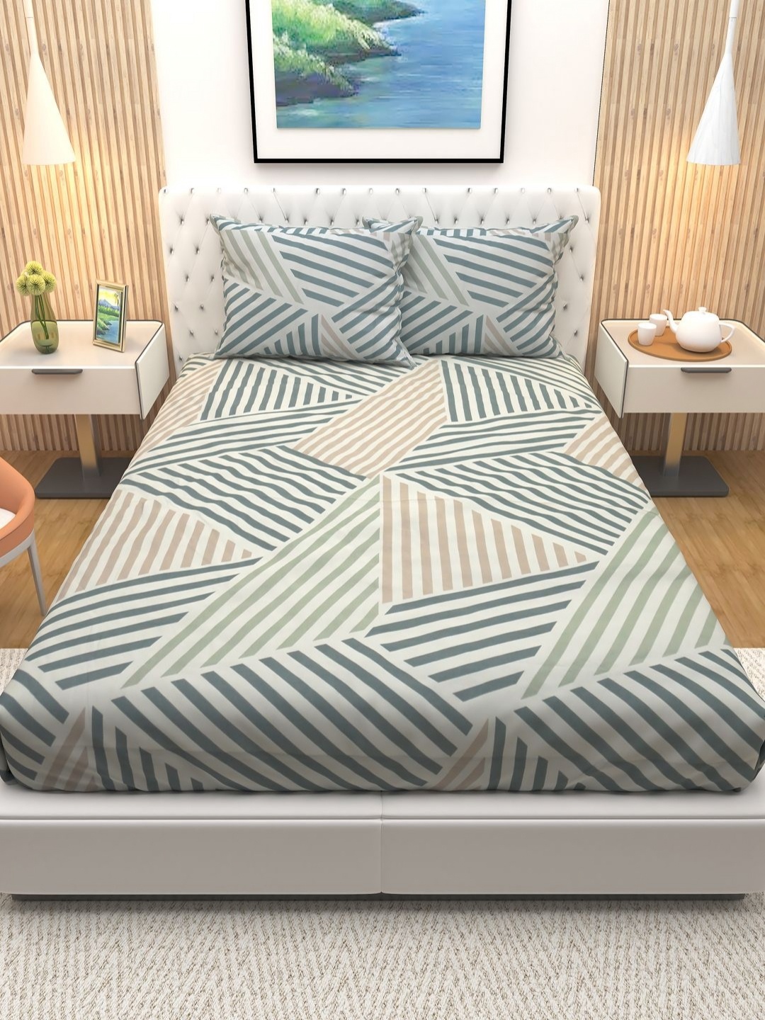 

Aura White & Grey Abstract Printed Cotton 180 TC Queen Bedsheet with 2 Pillow Covers