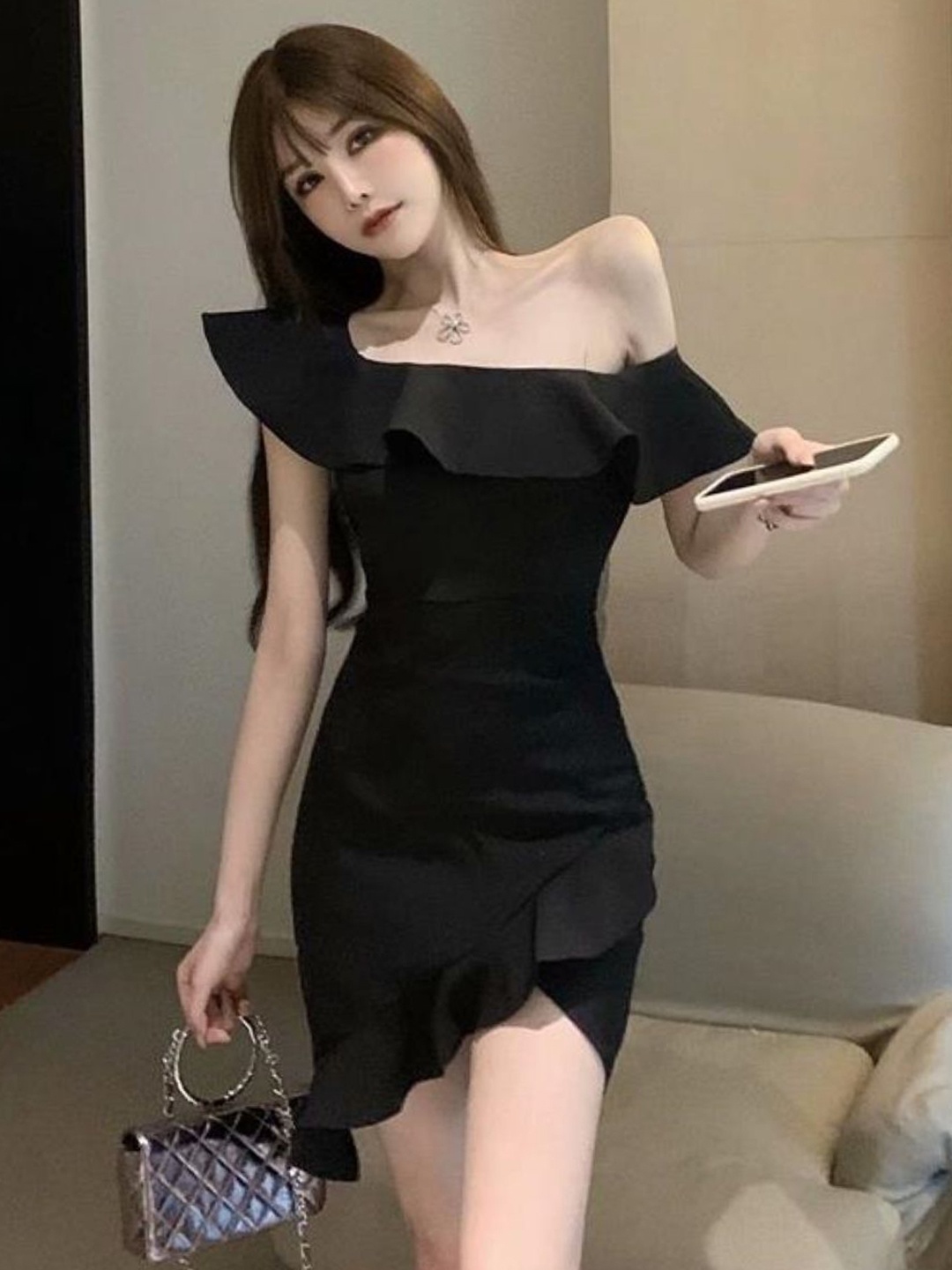 

KPOPWomen Solid One Shoulder Bodycon Dress, Black